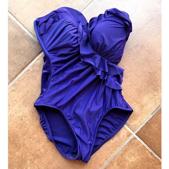 Miraclesuit Purple Ruffled One Piece w/ Optional Strap size 10 New W/O Tags - Picture 9 of 9